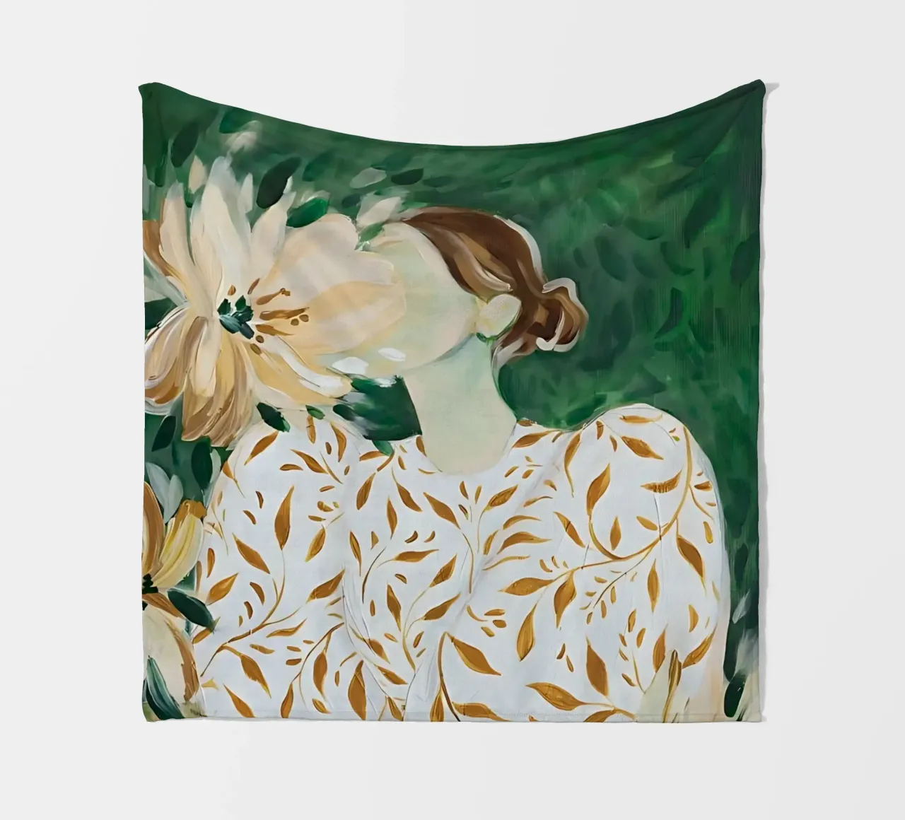 Abstracte vrouw met bloemen, moderne smaragdgroene kunst fleecedeken van Boheme