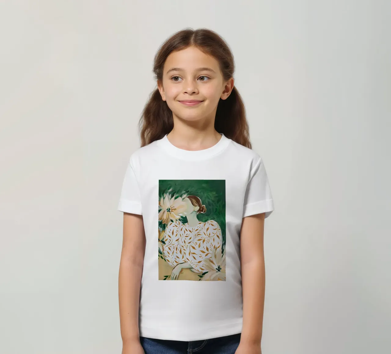 Abstract Woman with Flowers, Modern Emerald Green Art kids t-shirt by Boheme