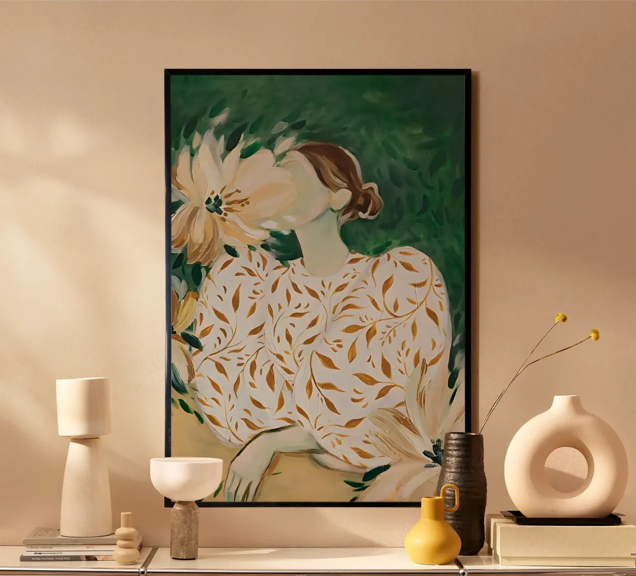Abstracte vrouw met bloemen, moderne smaragdgroene kunst hahnemühle van Boheme