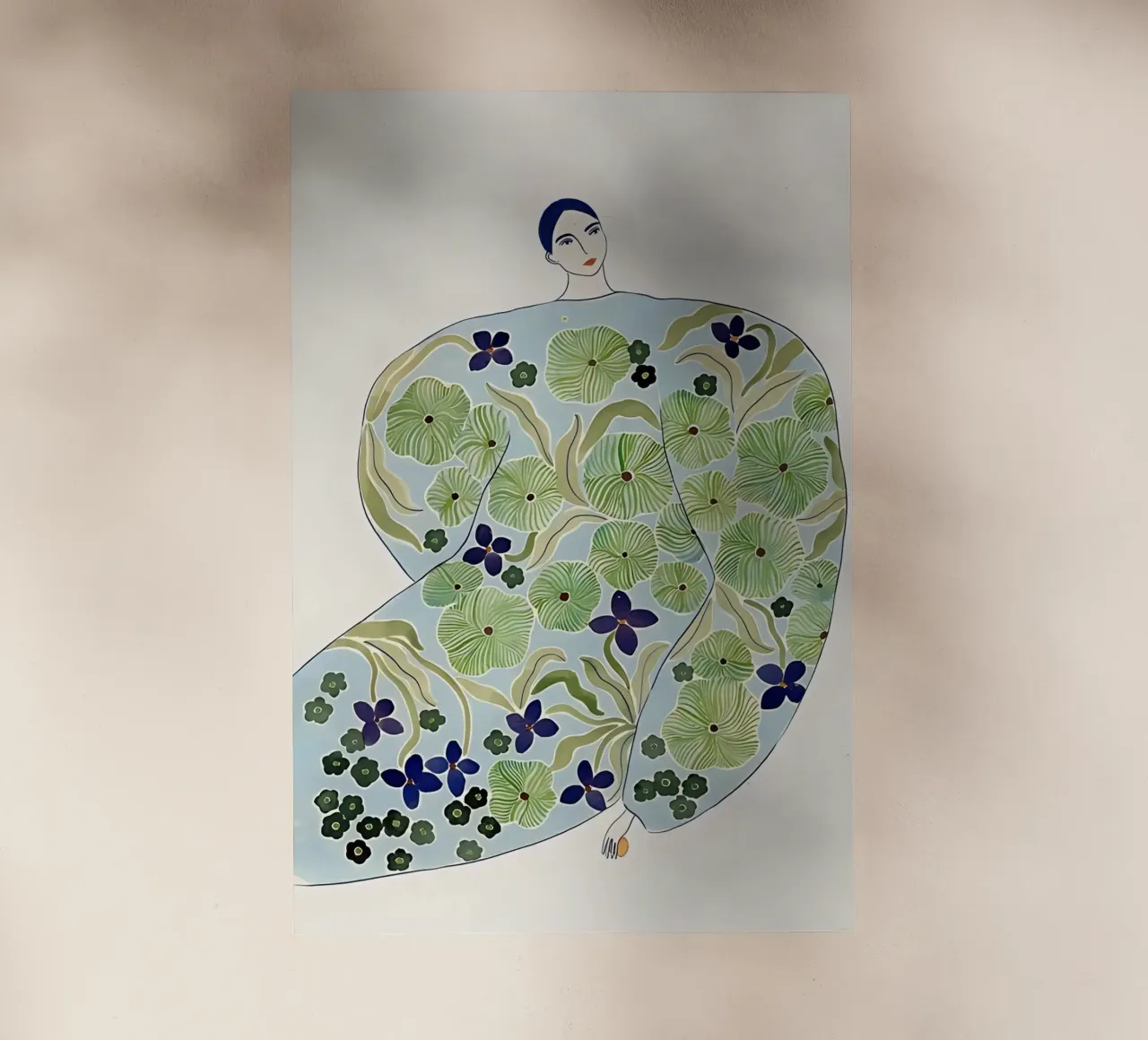 Femme abstraite en manteau de fleurs, art moderne botanique film rétro-éclairé de Boheme