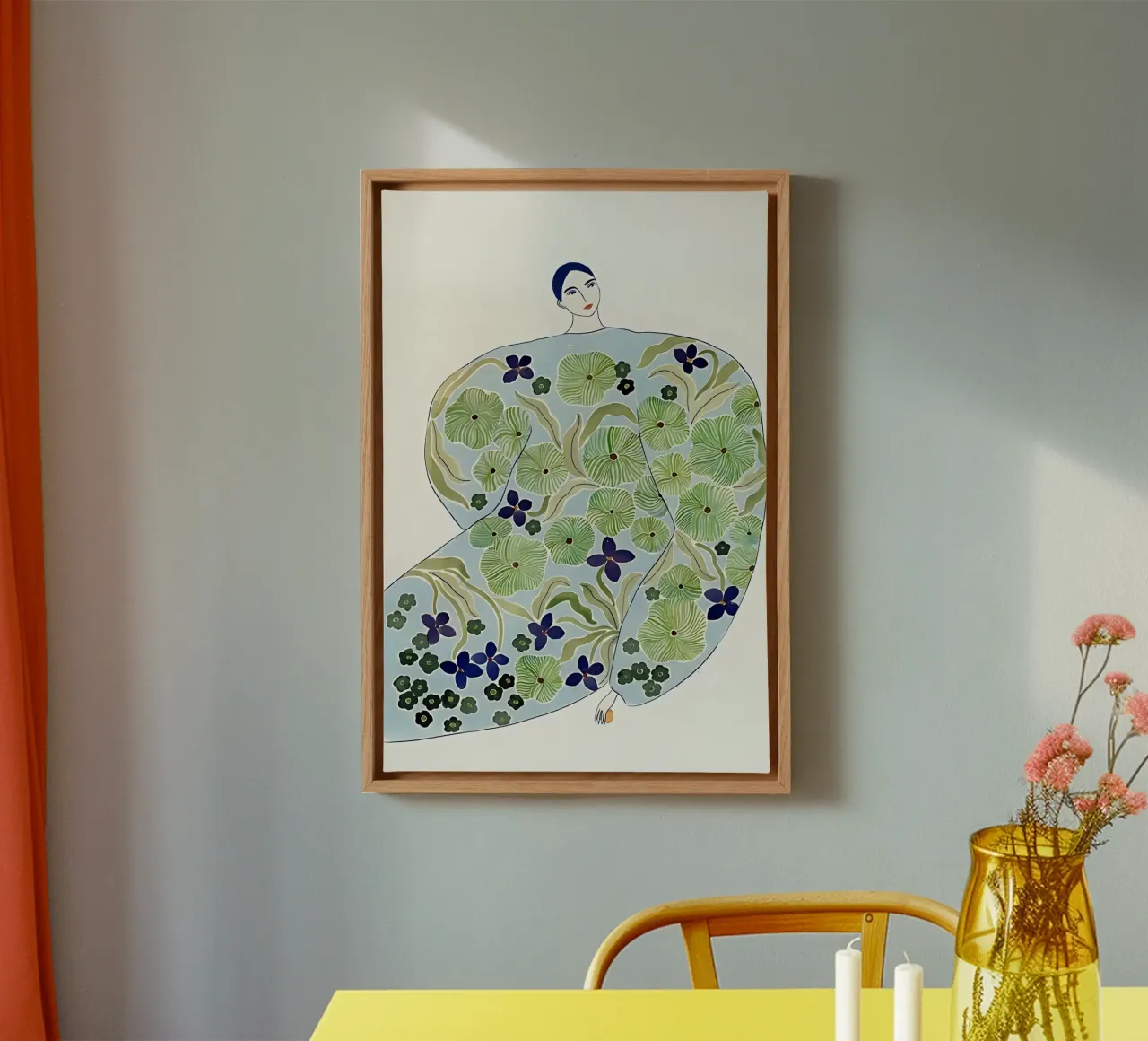 Abstracte vrouw in bloemenjas, botanische moderne kunst canvas van Boheme