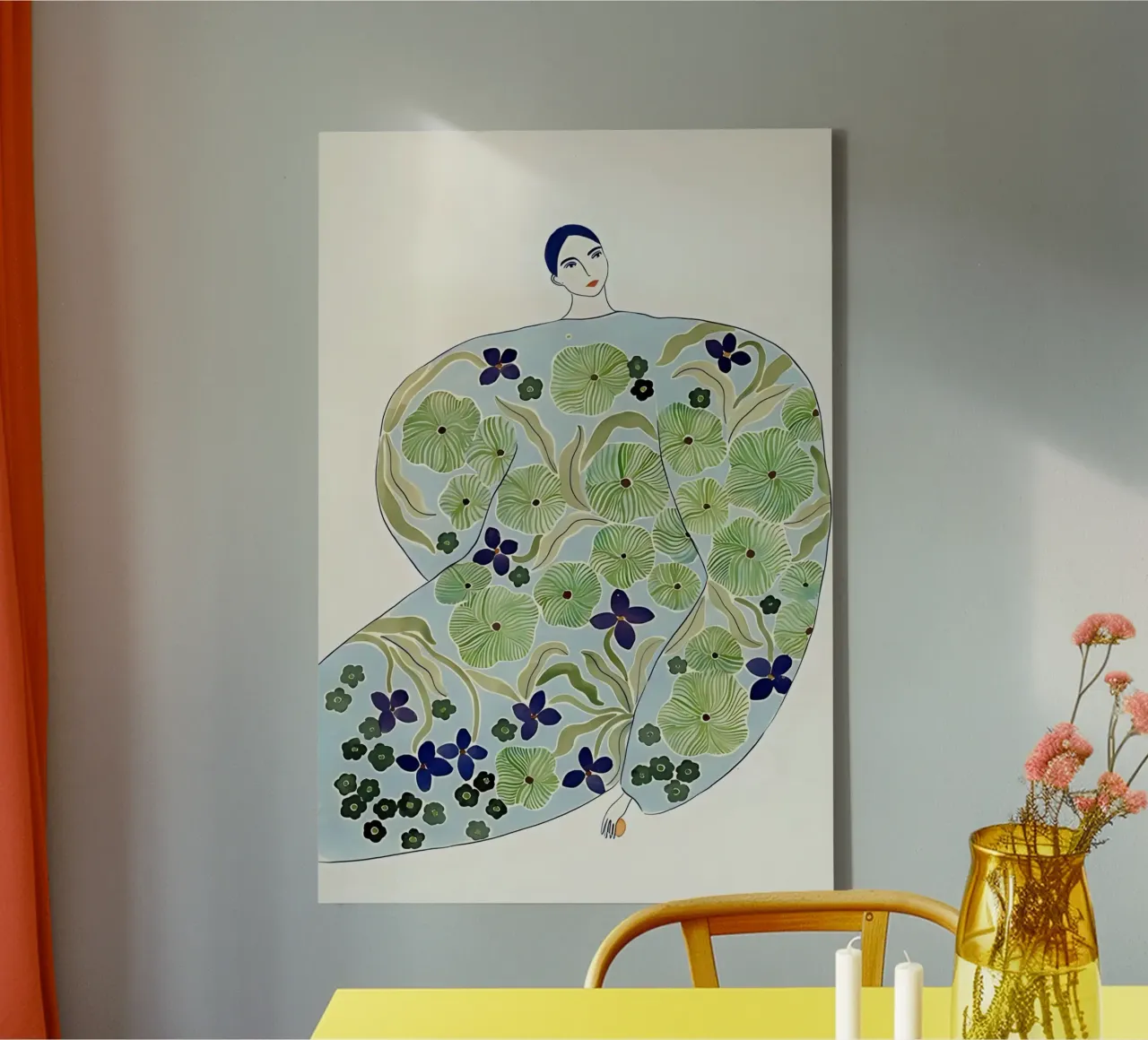 Abstracte vrouw in bloemenjas, botanische moderne kunst canvas van Boheme