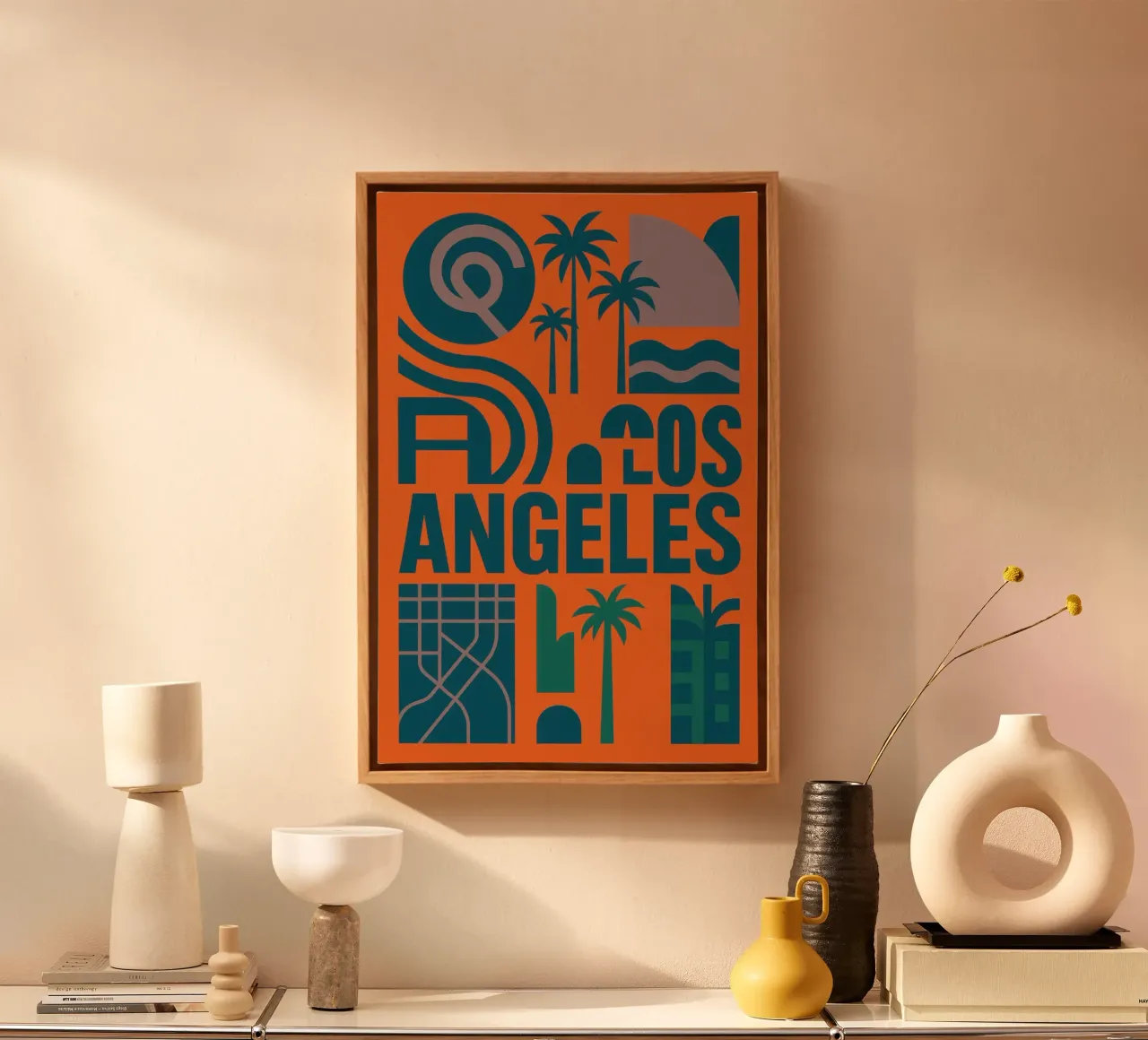 os Angeles - A graphic version of the Californian icon canvas with Floater frame by JETLAG | affiches voyage
