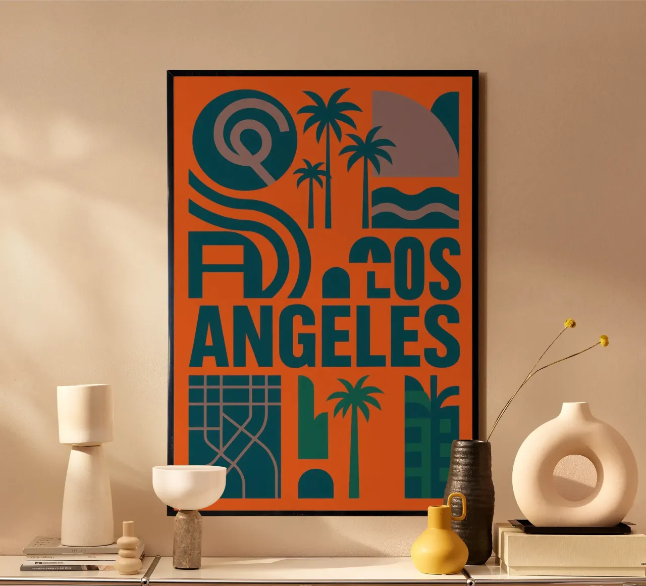 os Angeles - Una versione grafica dell'icona californiana poster con telaio in legno da JETLAG | affiches voyage