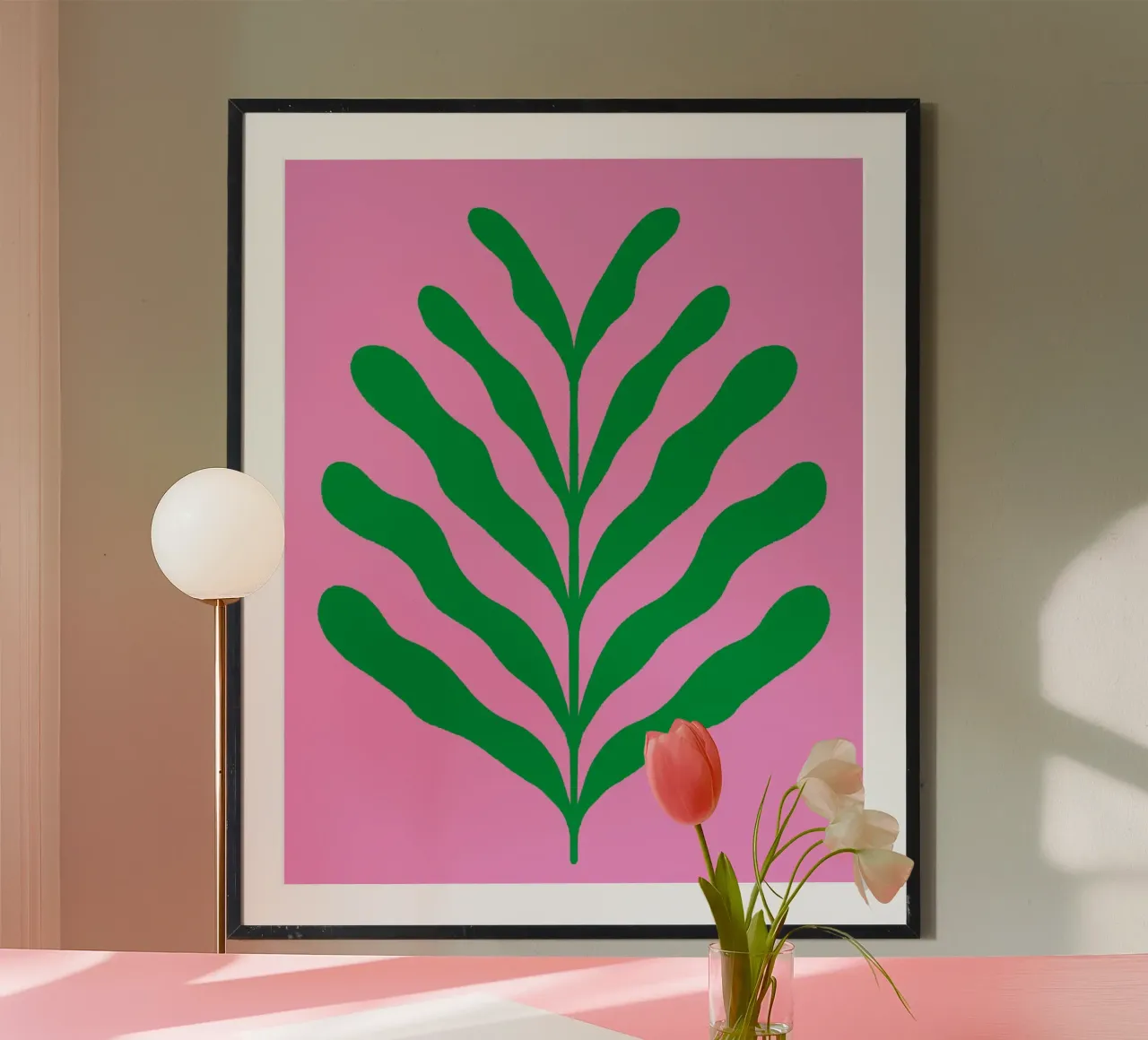 Ramo colorato - verde e rosa poster con telaio in legno da Wackapacka