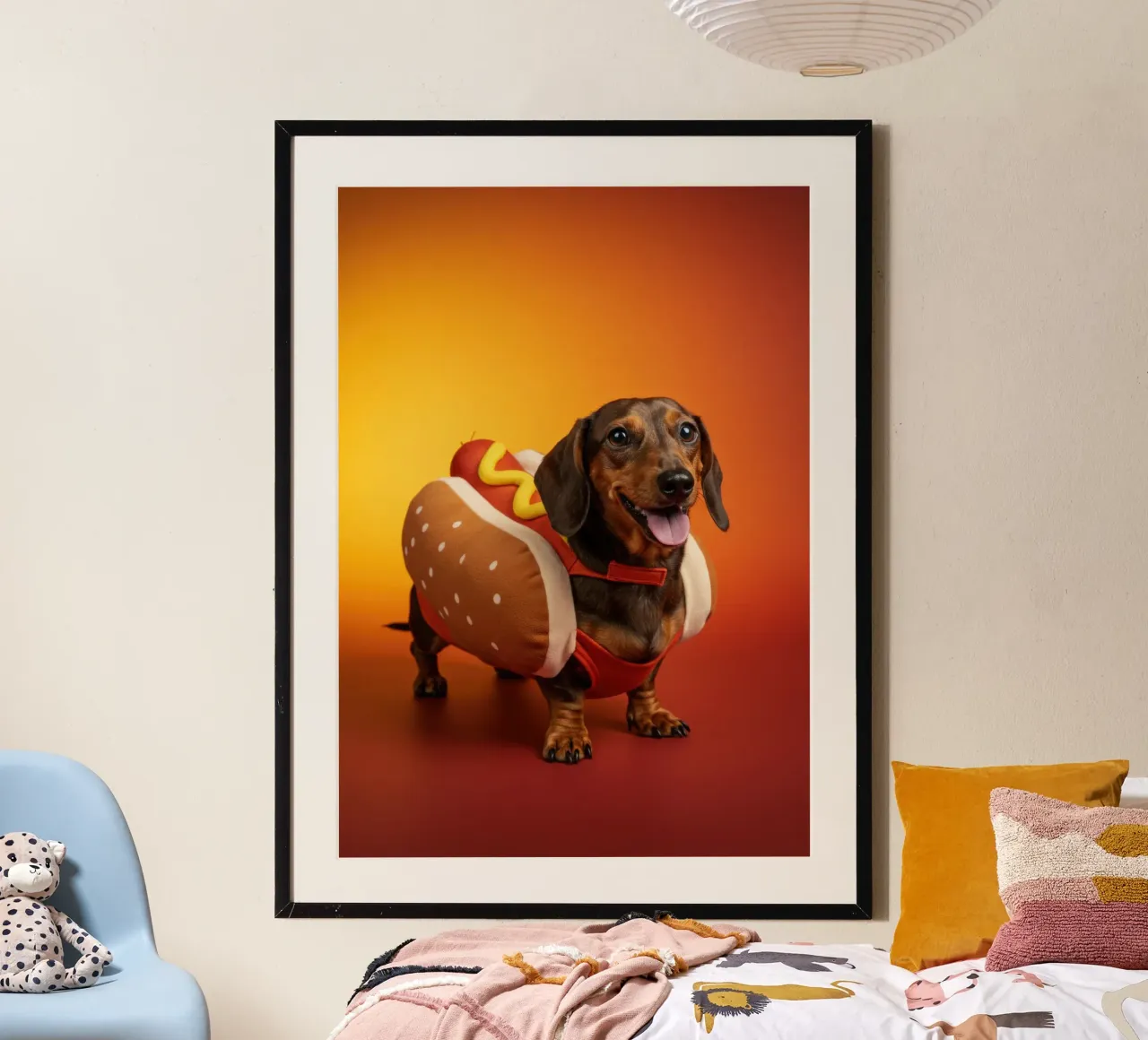 Cane Hot Dog poster con telaio in plastica da Pawtrait Studio