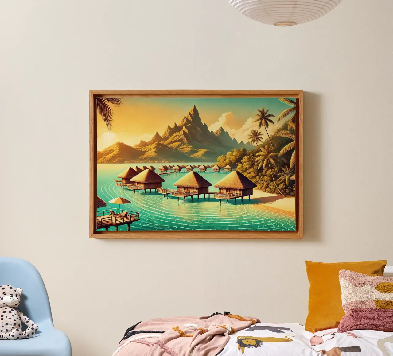 Poster d'epoca di Bora Bora, Polinesia francese tela con Cornice a cassetta da Chromatic Fusion Studio