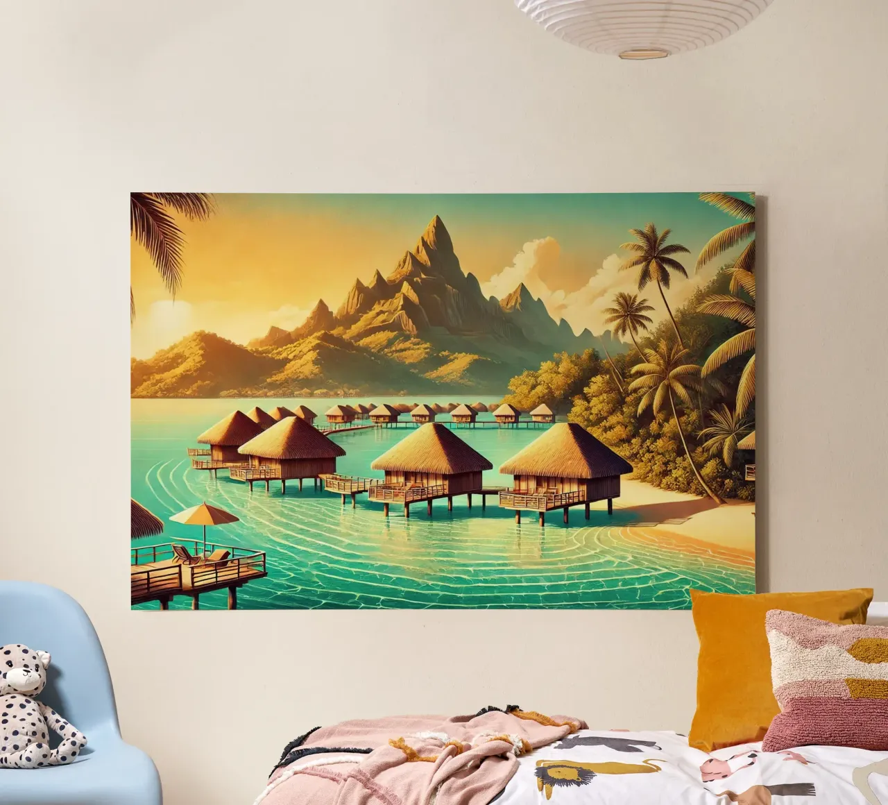 Poster d'epoca di Bora Bora, Polinesia francese tela con Cornice a cassetta da Chromatic Fusion Studio