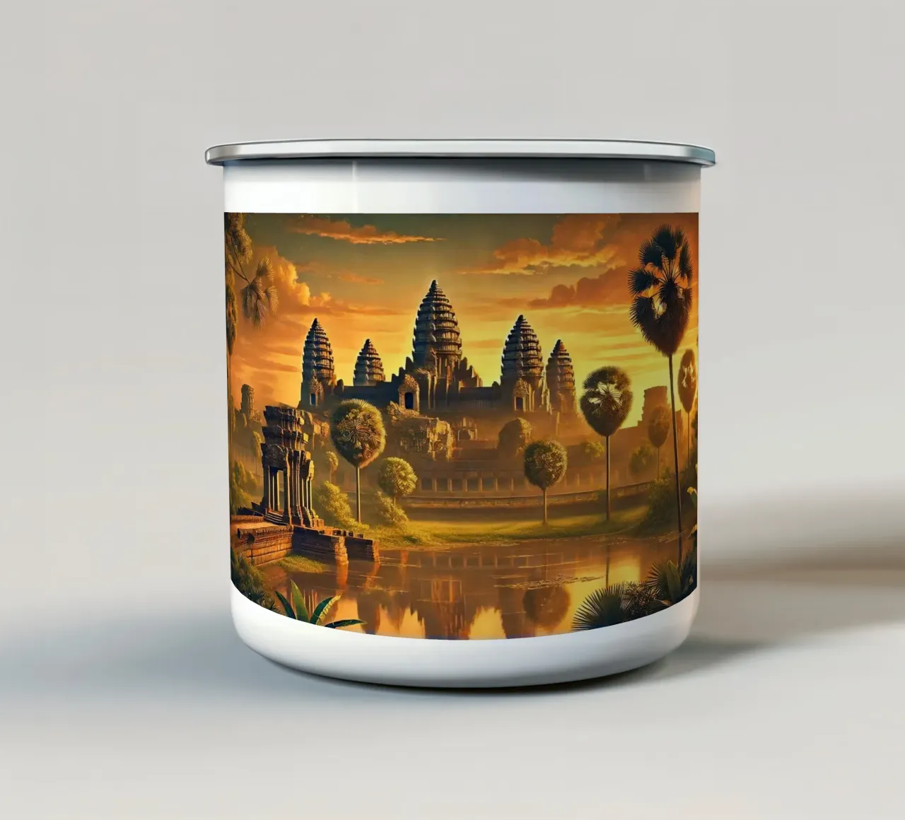 Cambogia d'epoca, poster dell'alba di Angkor Wat tazza in smalto da Chromatic Fusion Studio