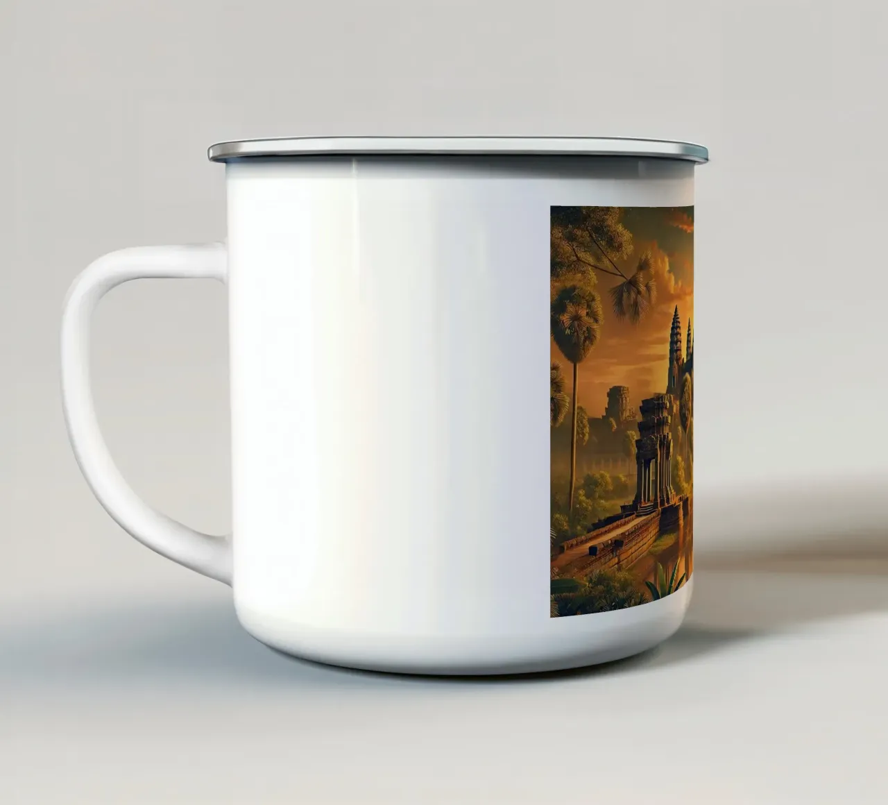Cambogia d'epoca, poster dell'alba di Angkor Wat tazza in smalto da Chromatic Fusion Studio