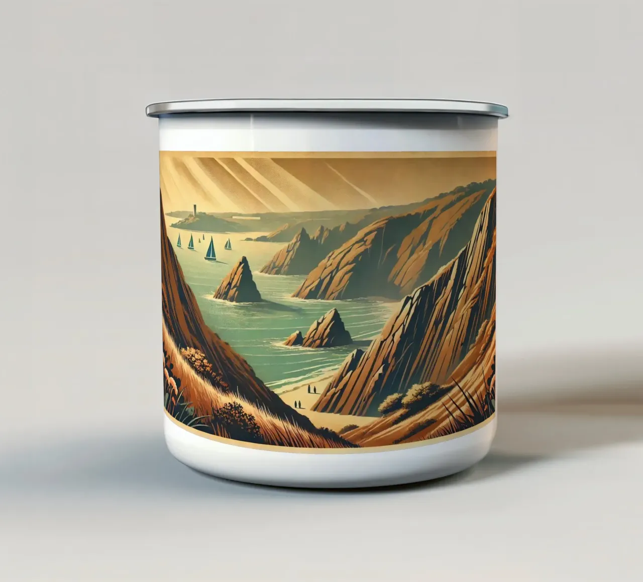 Poster vintage di Cliffside Serenity tazza in smalto da Chromatic Fusion Studio