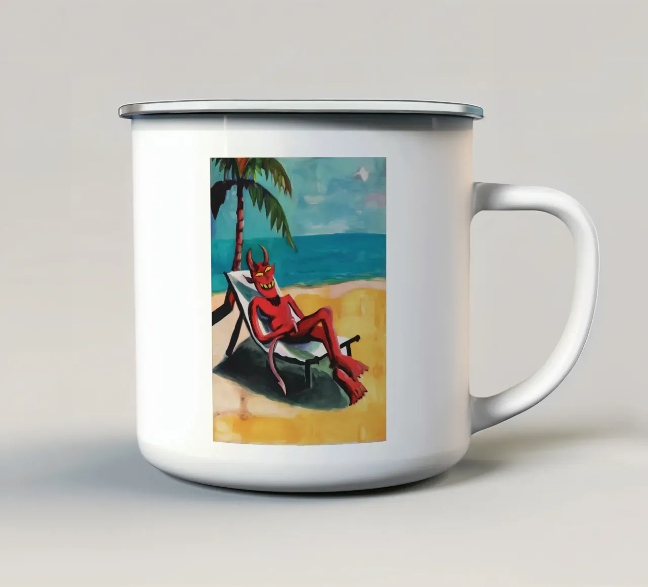 Il diavolo è in vacanza sulla spiaggia | Quadro umoristico tazza in smalto da Autofocus