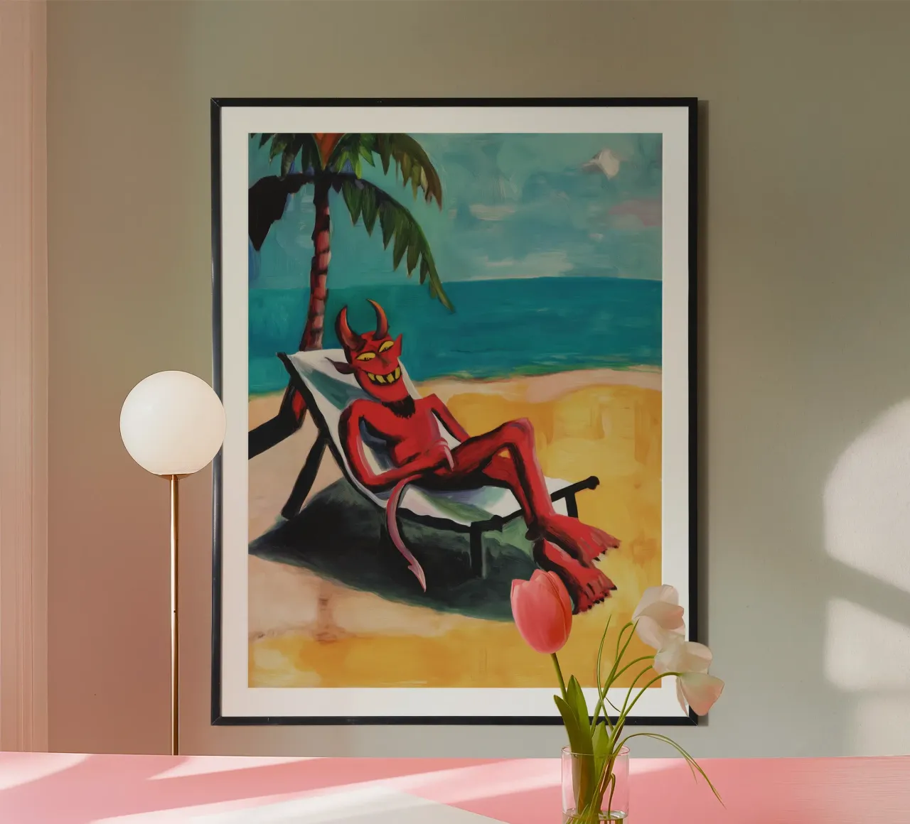 The devil is on holiday on the beach | Humorous painting hahnemühle by Autofocus