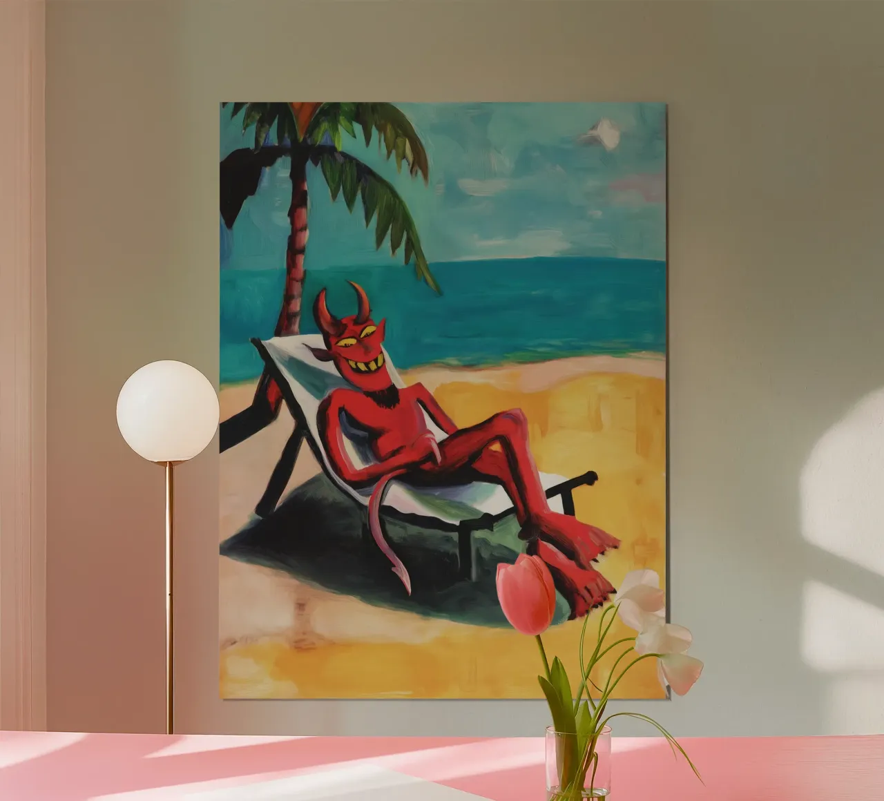 The devil is on holiday on the beach | Humorous painting hahnemühle by Autofocus
