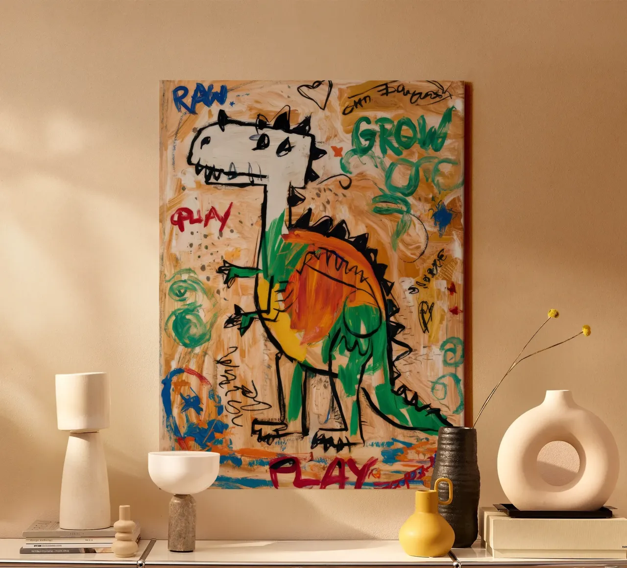 Speelse Dino Beweging canvas met Baklijst van Muse Fragments