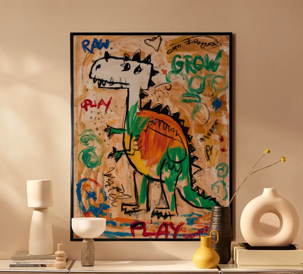 Speelse Dino Beweging poster met kunststof frame van Muse Fragments