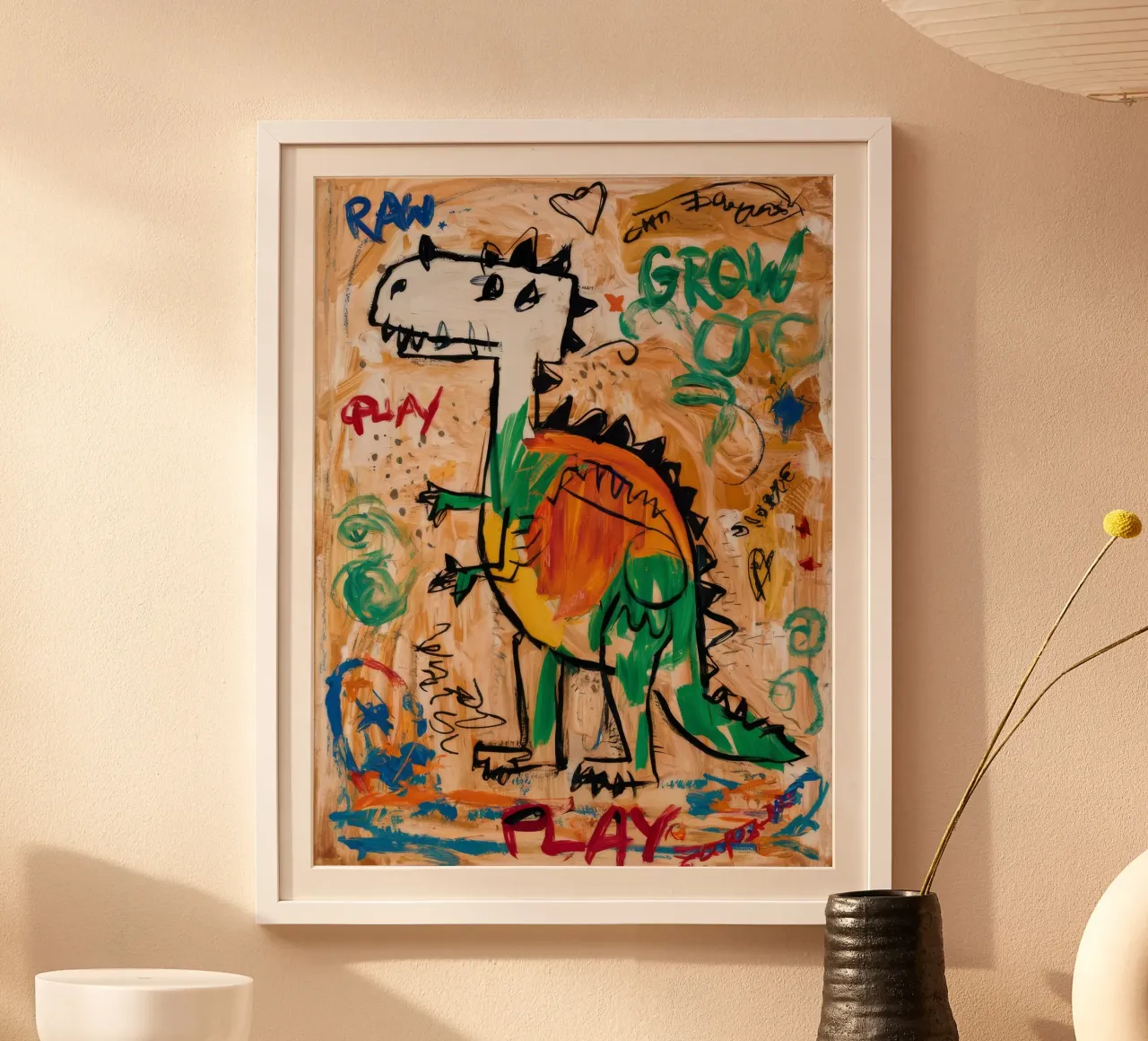 Speelse Dino Beweging poster met kunststof frame van Muse Fragments