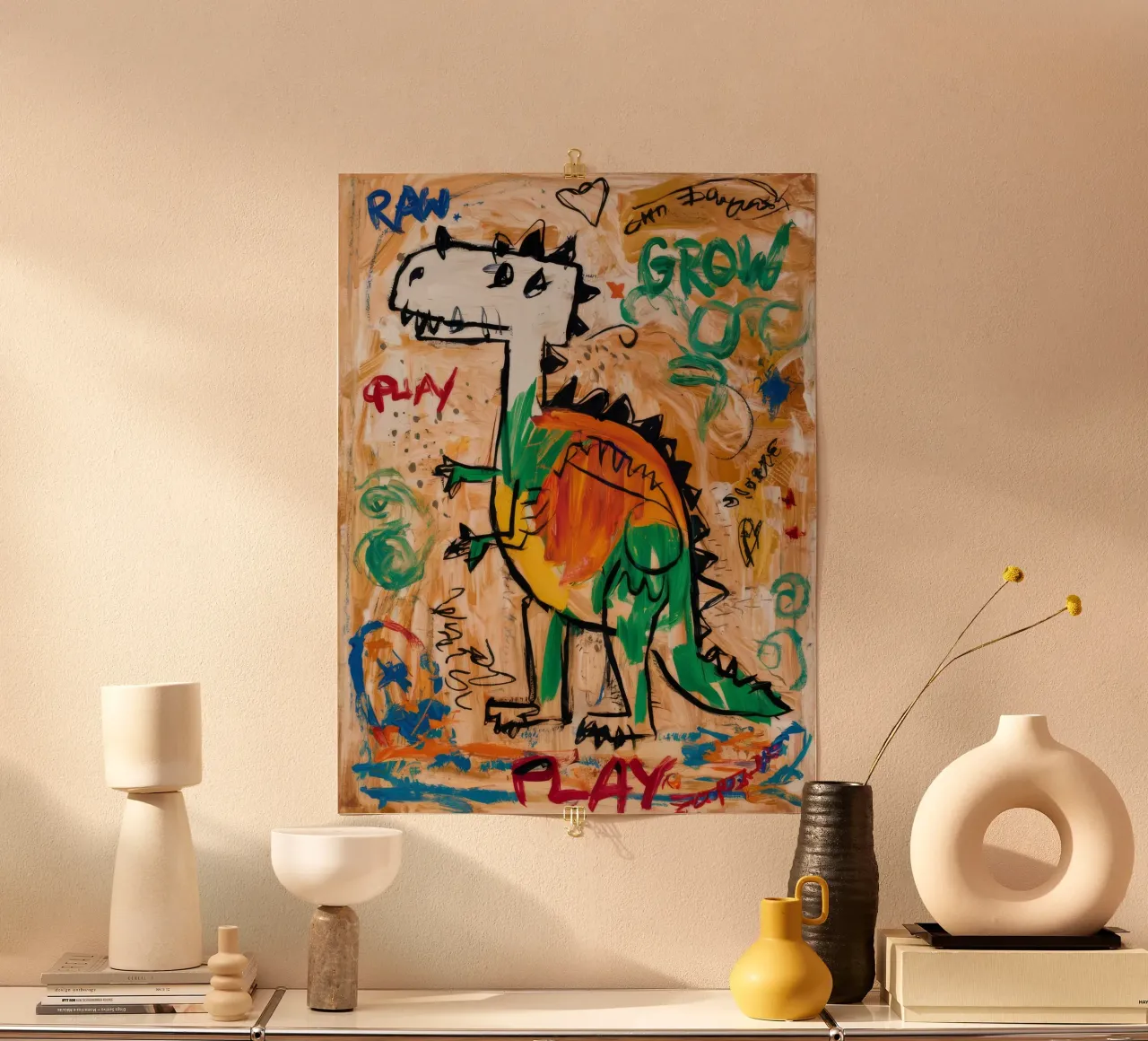 Speelse Dino Beweging poster met kunststof frame van Muse Fragments