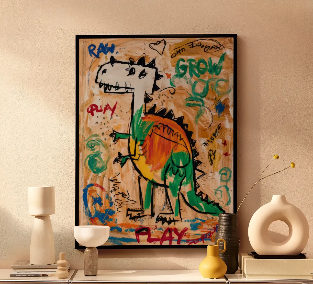 Speelse Dino Beweging poster met kunststof frame van Muse Fragments
