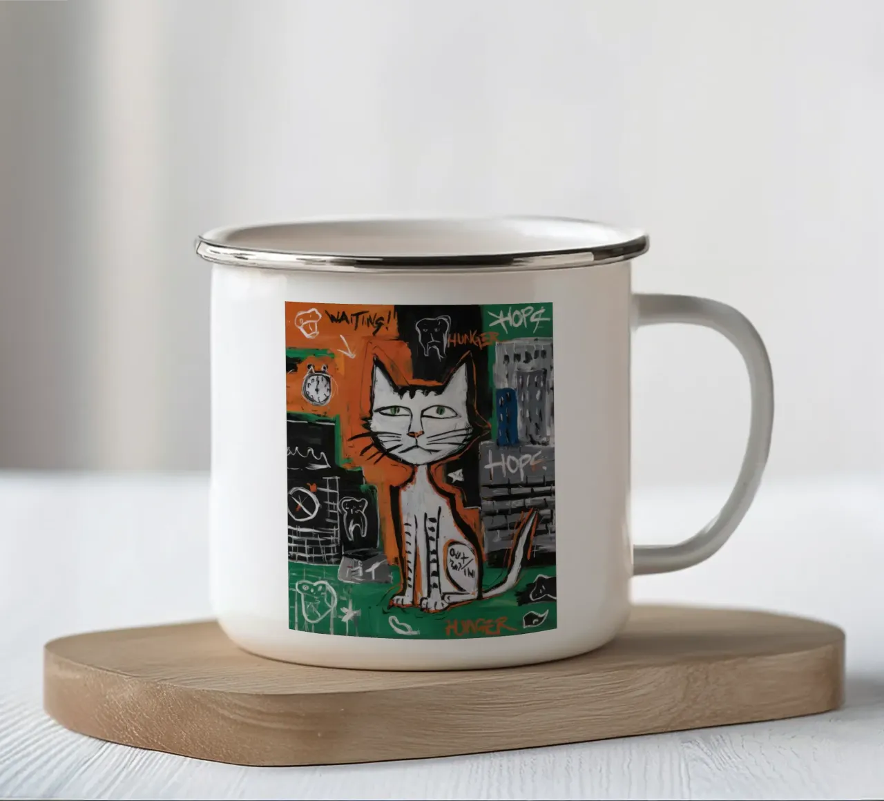 Orologio a gatto speranzoso tazza in smalto da Muse Fragments