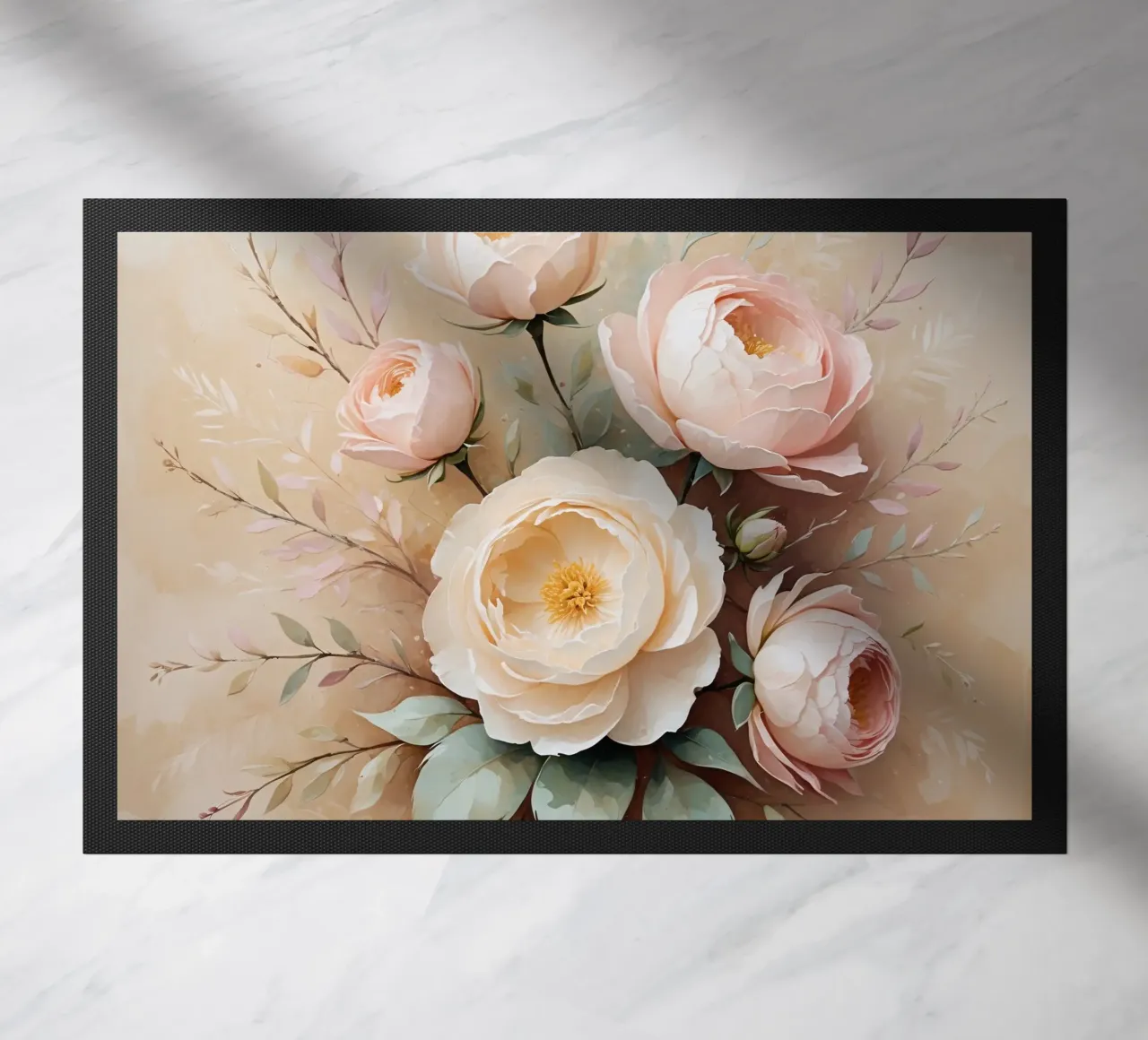 Bellissimo bouquet di peonie con delicate fioriture rosa disposte zerbino da DesignDoodle