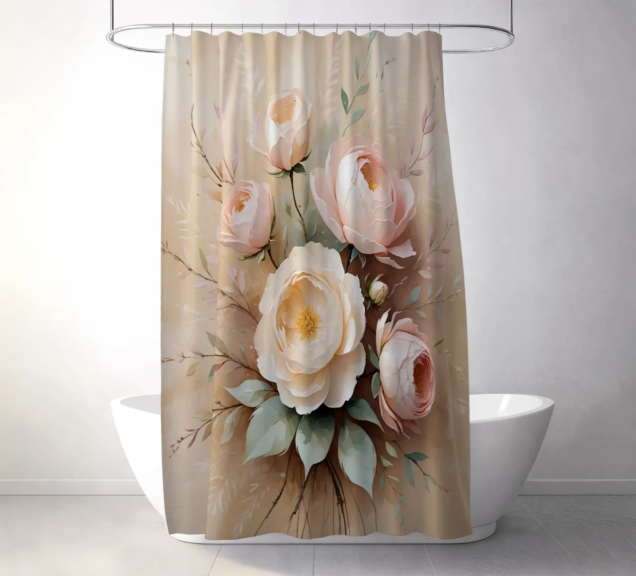 Beautiful peony bouquet with delicate pink blooms arranged shower curtain by DesignDoodle