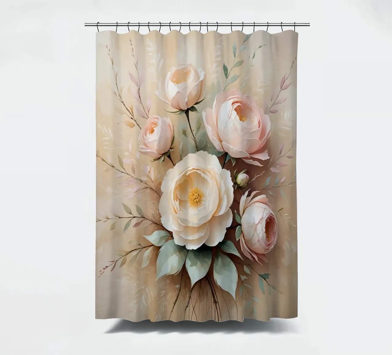 Beautiful peony bouquet with delicate pink blooms arranged shower curtain by DesignDoodle