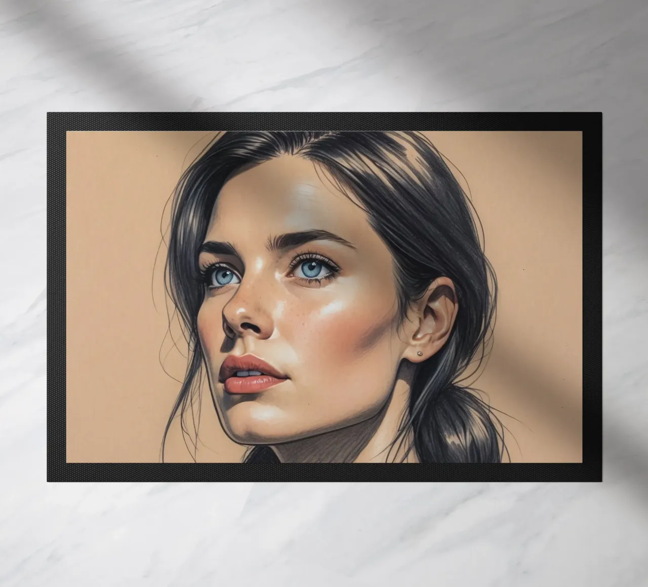Portrait of a woman with striking blue eyes and elegant hair doormat by DesignDoodle