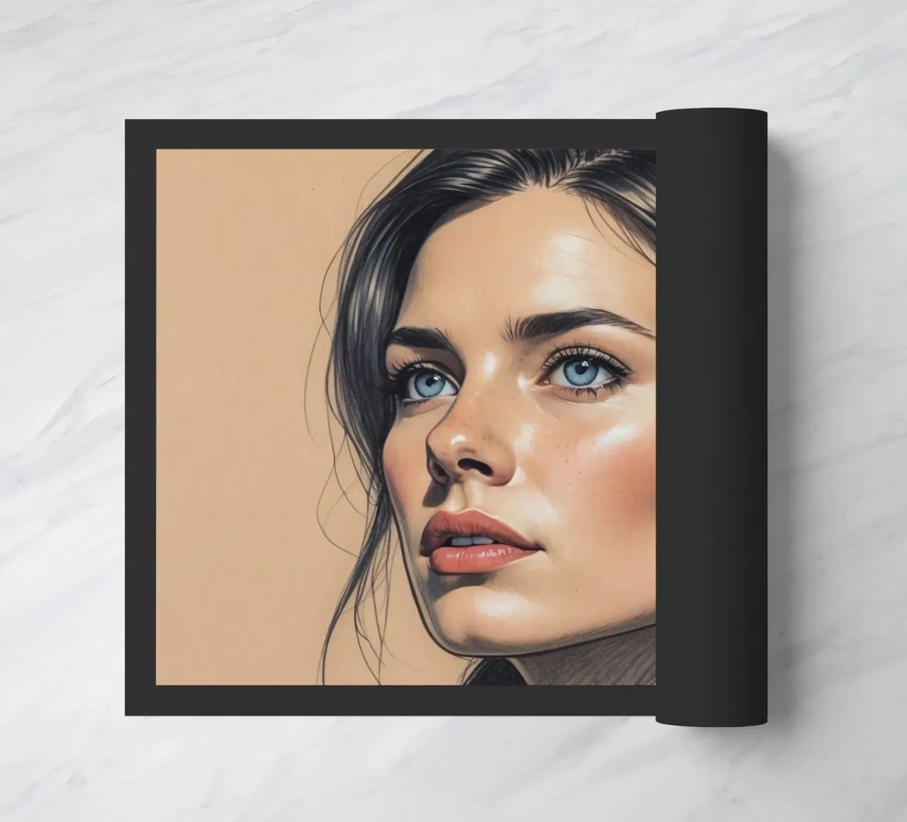 Portrait of a woman with striking blue eyes and elegant hair doormat by DesignDoodle