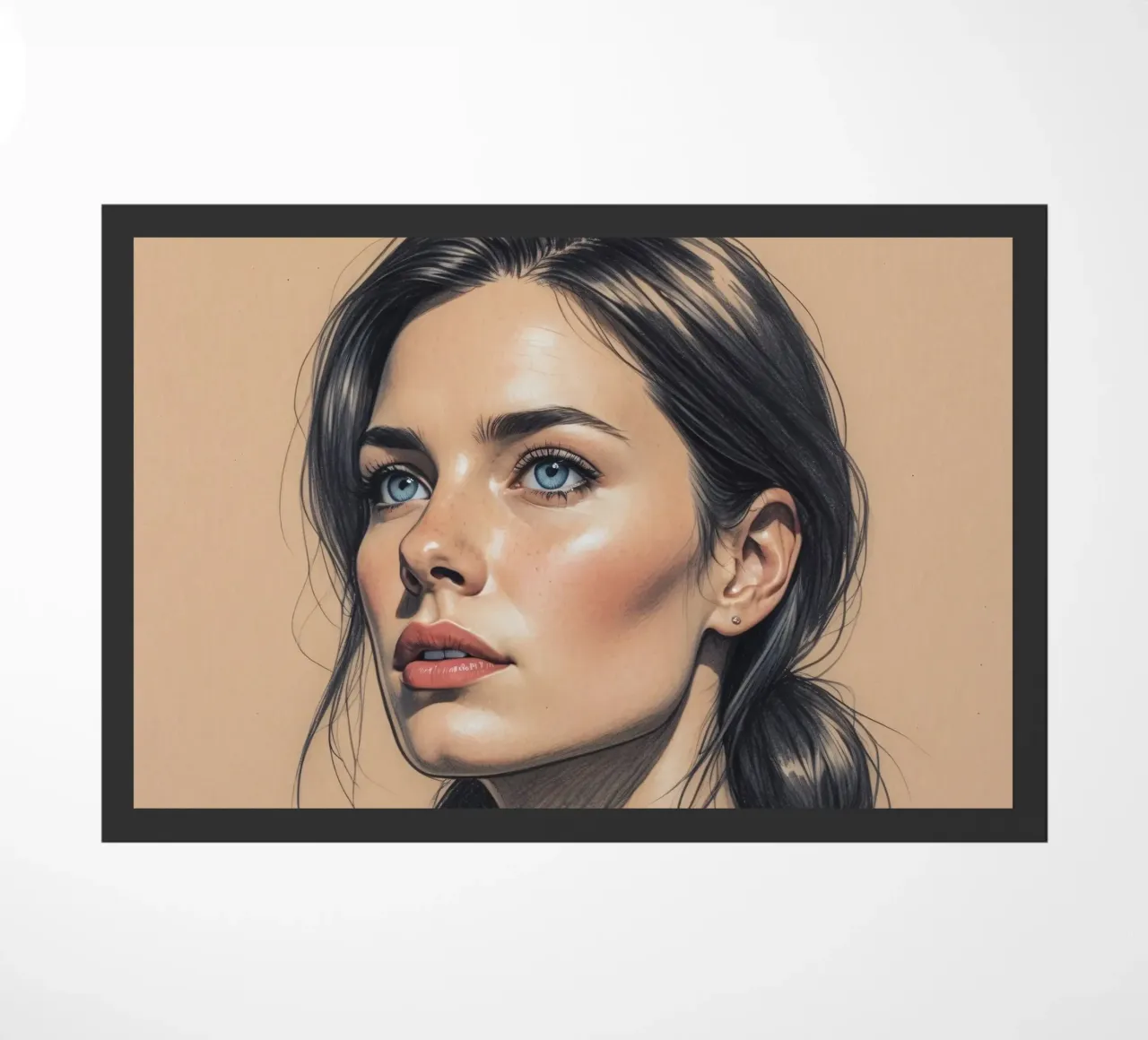 Portrait of a woman with striking blue eyes and elegant hair doormat by DesignDoodle