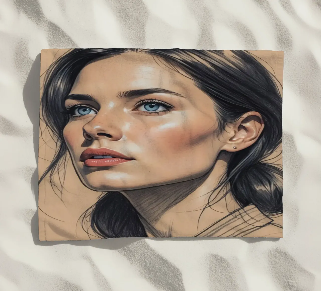Ritratto di una donna con suggestivi occhi azzurri e capelli eleganti telo mare da DesignDoodle