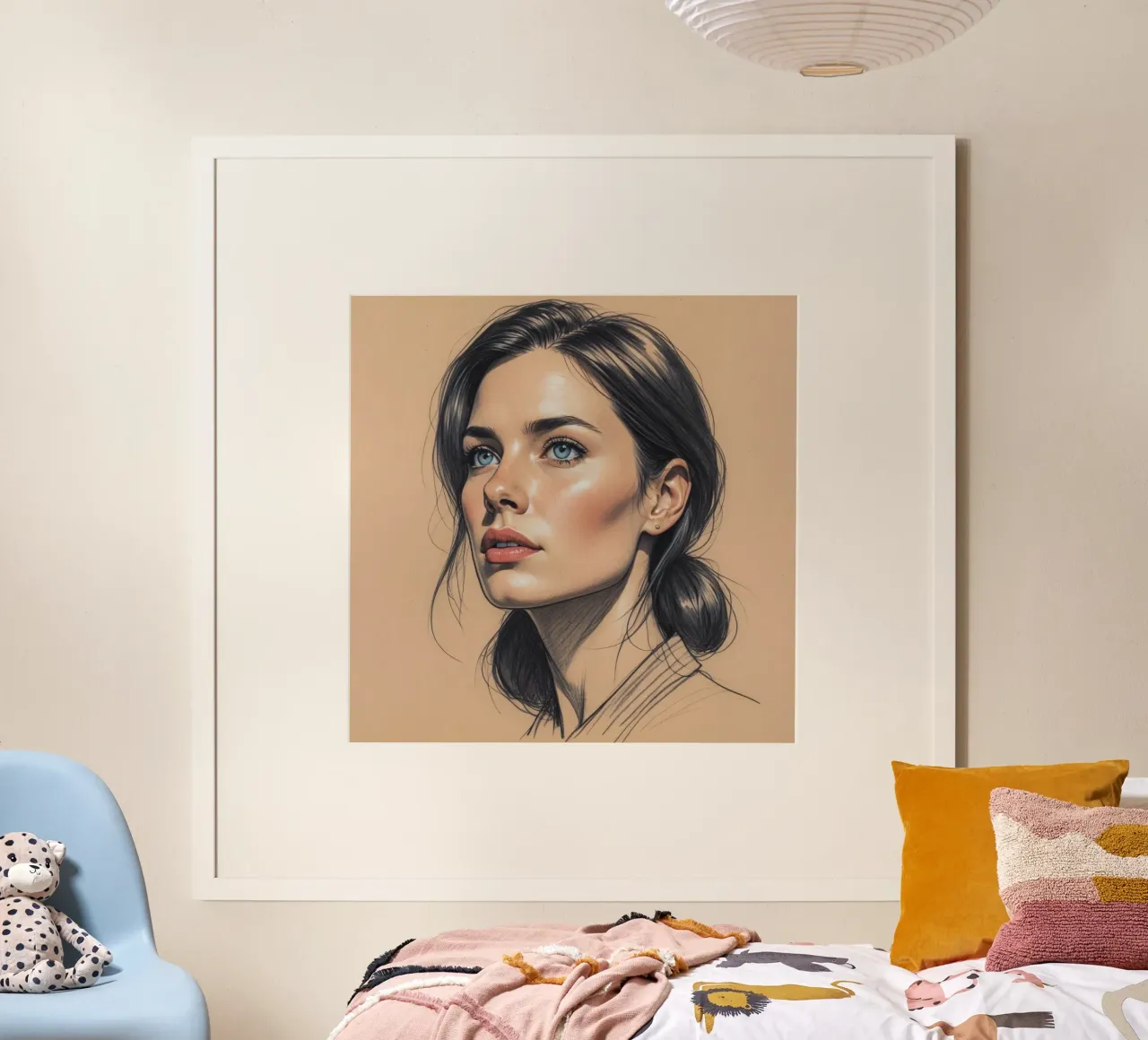Ritratto di una donna con suggestivi occhi azzurri e capelli eleganti poster con telaio in alluminio da DesignDoodle