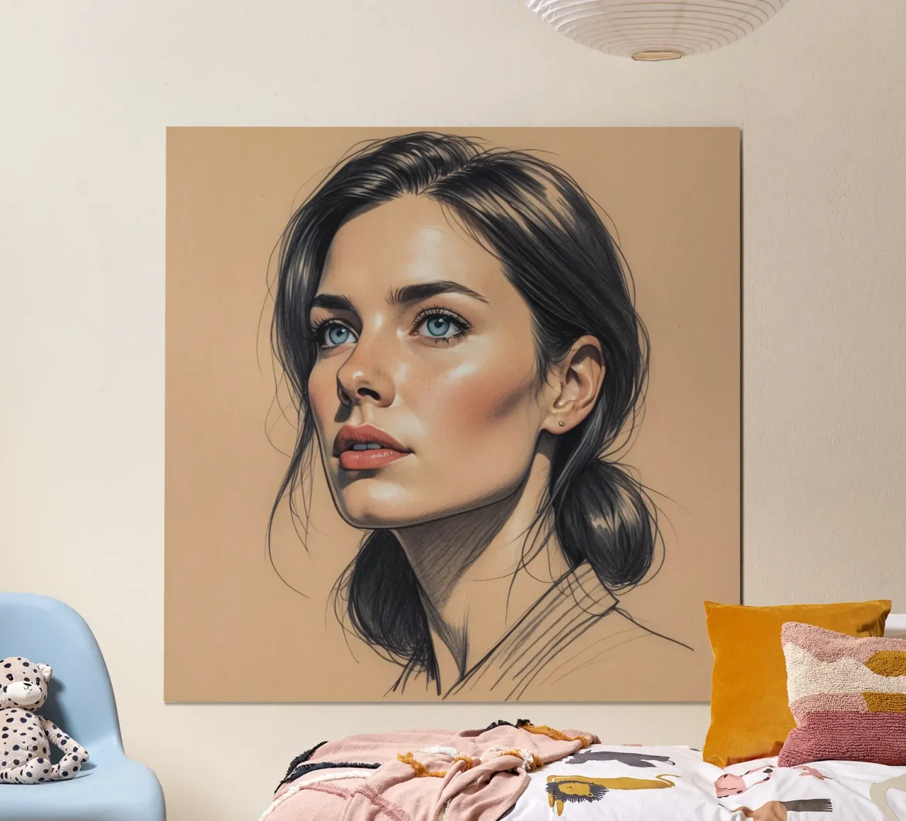 Ritratto di una donna con suggestivi occhi azzurri e capelli eleganti poster con telaio in alluminio da DesignDoodle