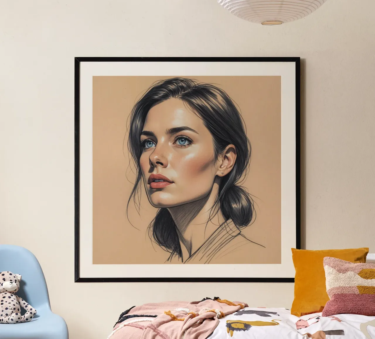 Ritratto di una donna con suggestivi occhi azzurri e capelli eleganti poster con telaio in alluminio da DesignDoodle
