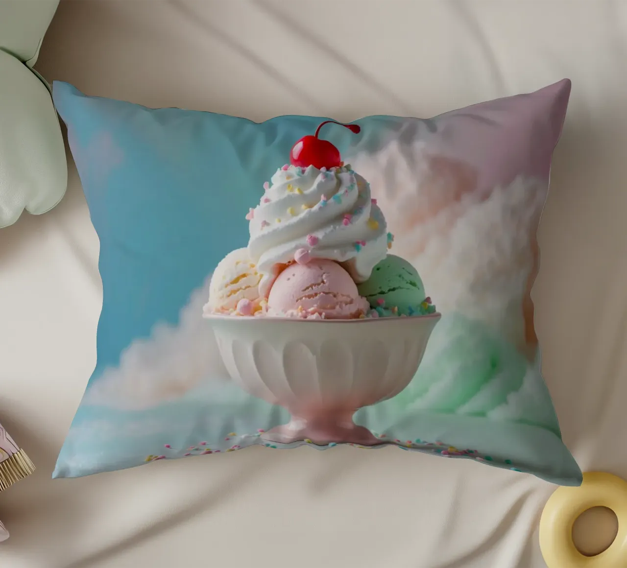 Una coloratissima coppa di gelato con ciliegia servita cuscino da DesignDoodle