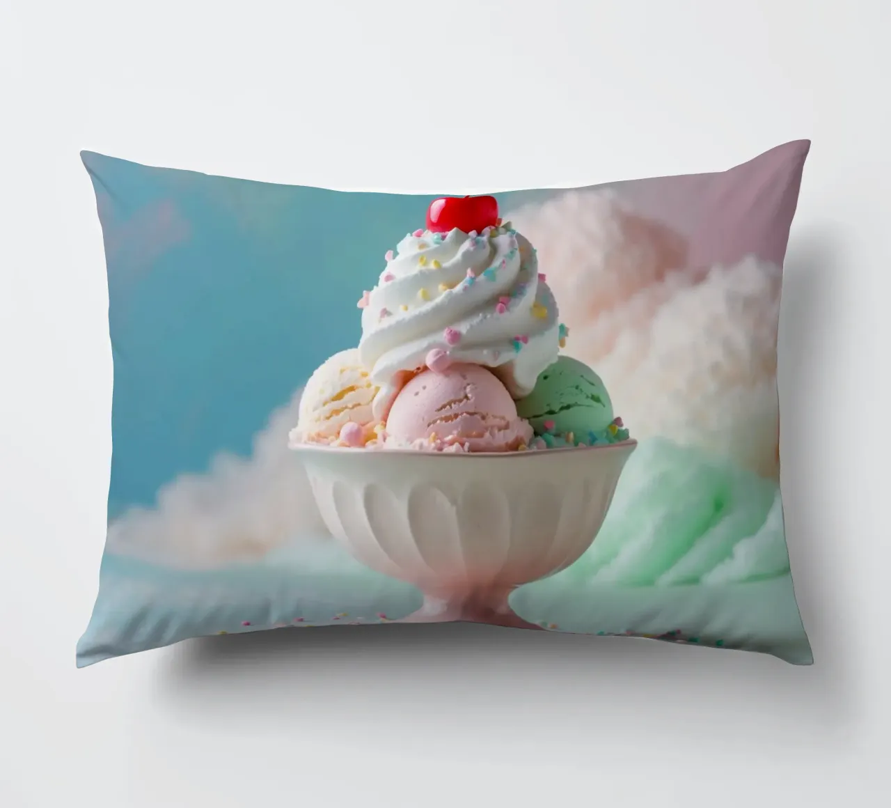 Una coloratissima coppa di gelato con ciliegia servita cuscino da DesignDoodle