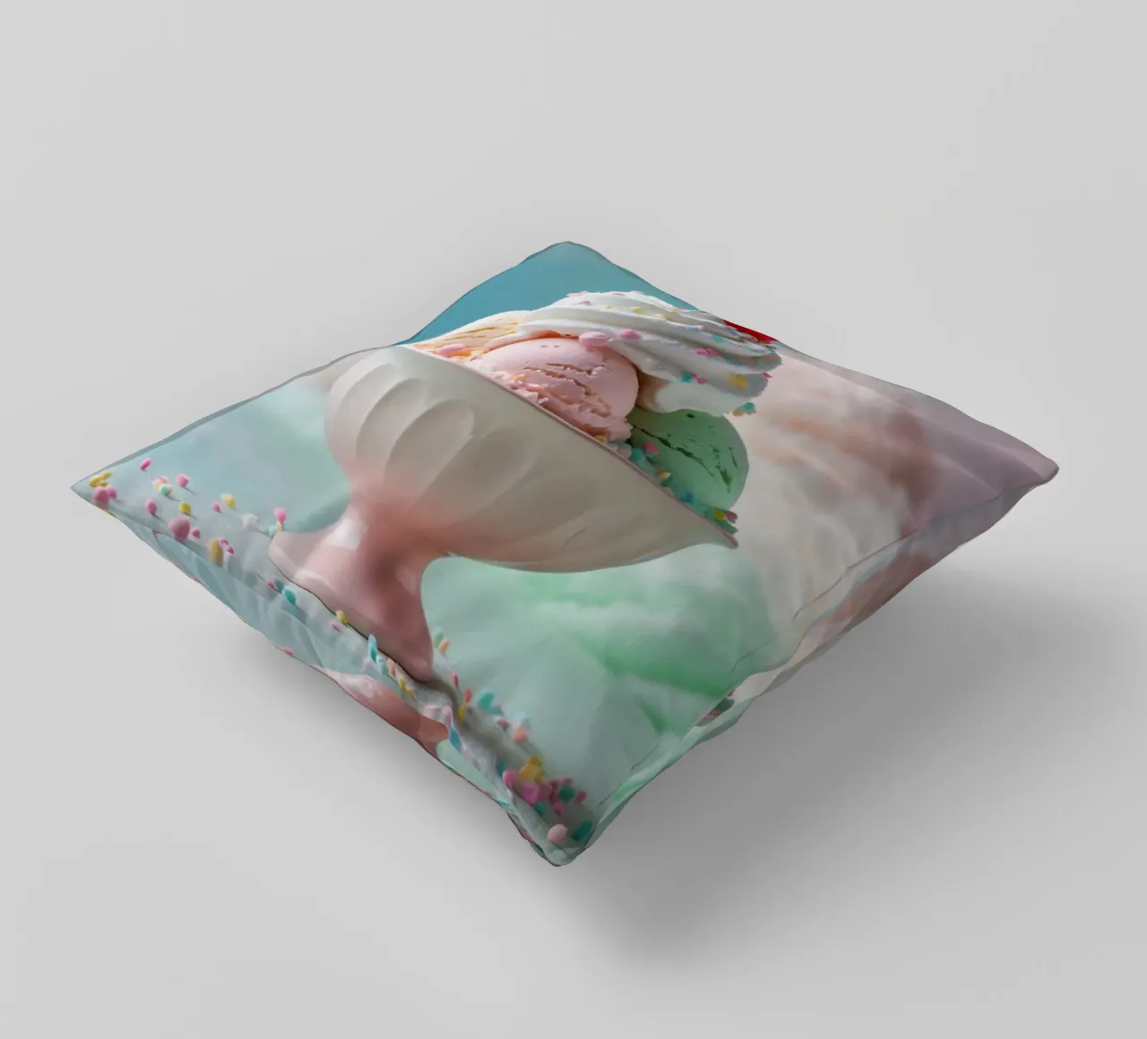 Una coloratissima coppa di gelato con ciliegia servita cuscino da DesignDoodle