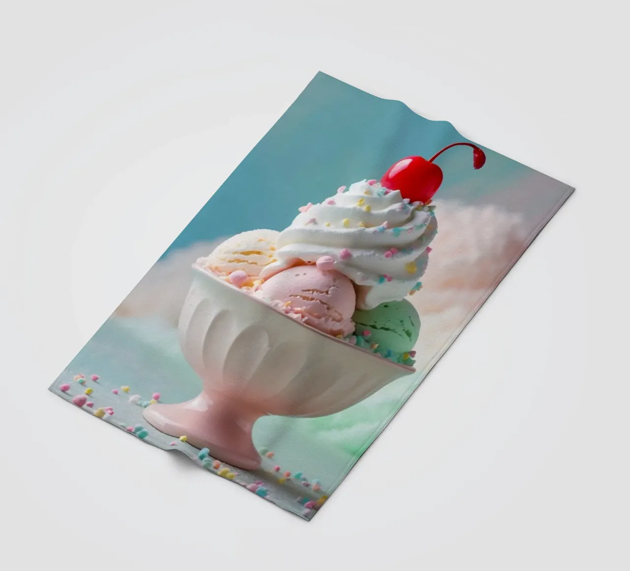 Colorful ice cream sundae topped with cherry served fleece blanket by DesignDoodle