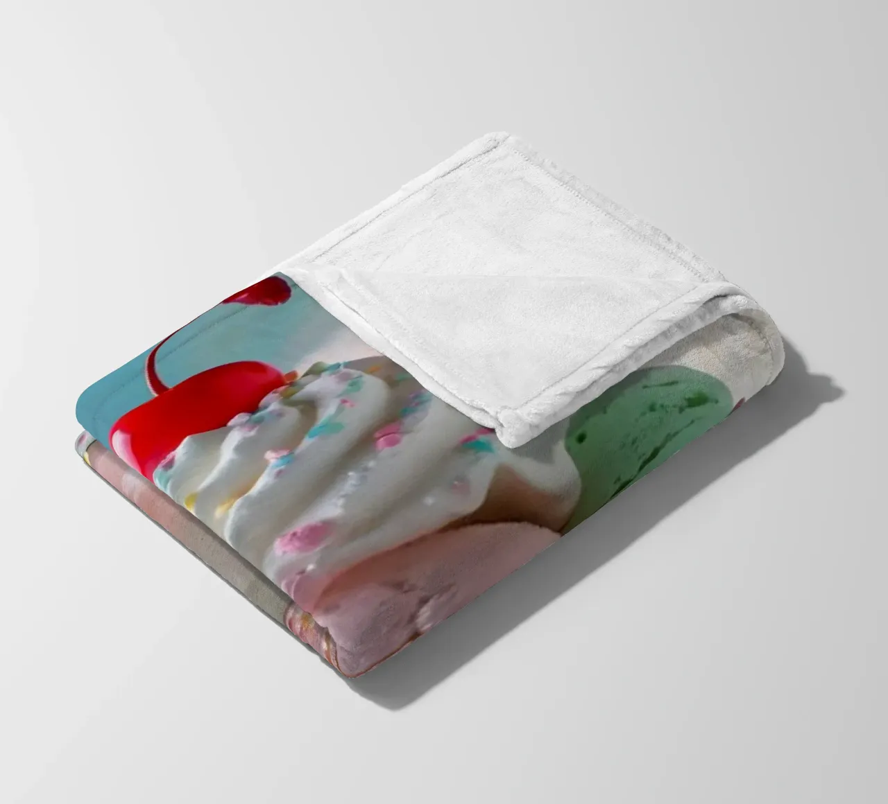 Colorful ice cream sundae topped with cherry served fleece blanket by DesignDoodle