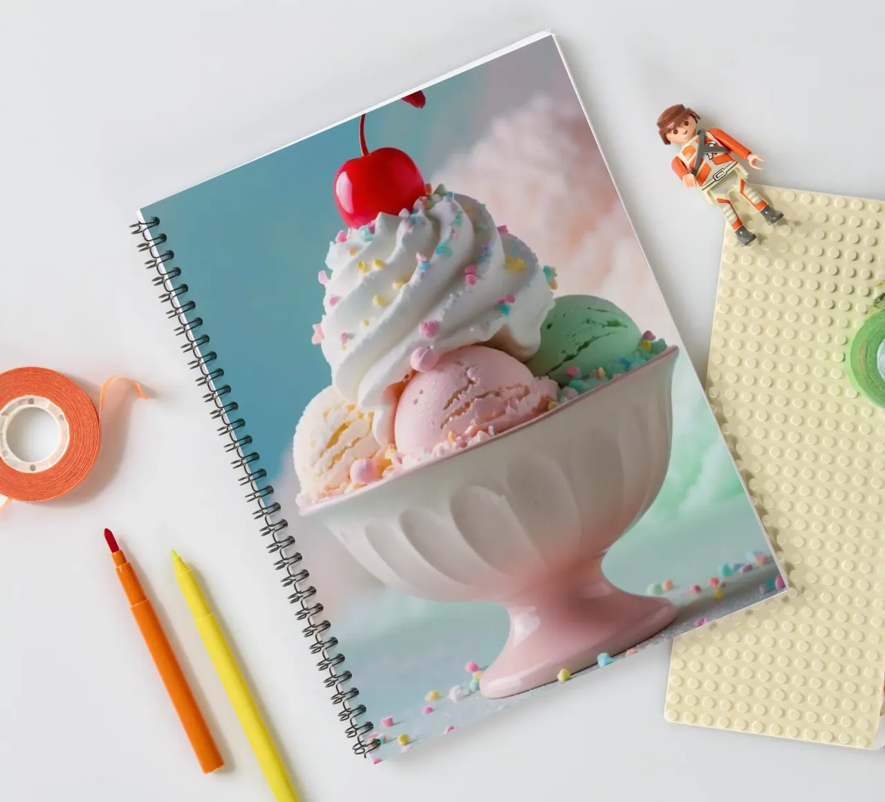 Colorful ice cream sundae topped with cherry served spiral notebook by DesignDoodle