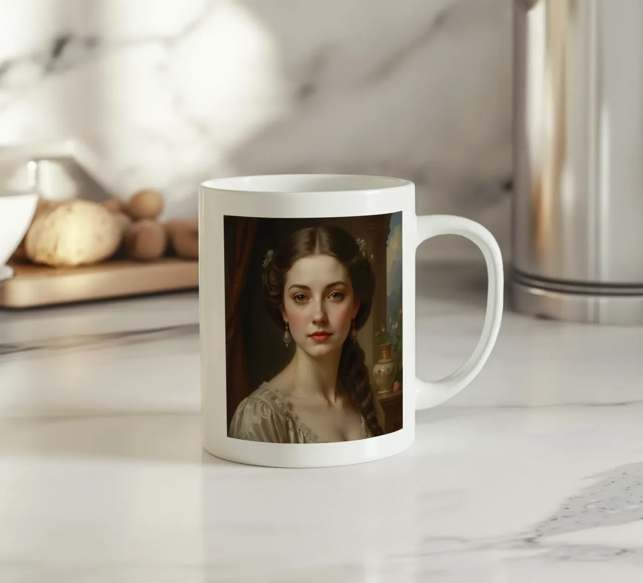Elegant woman with long braided hair and delicate earrings ceramic mug by DesignDoodle