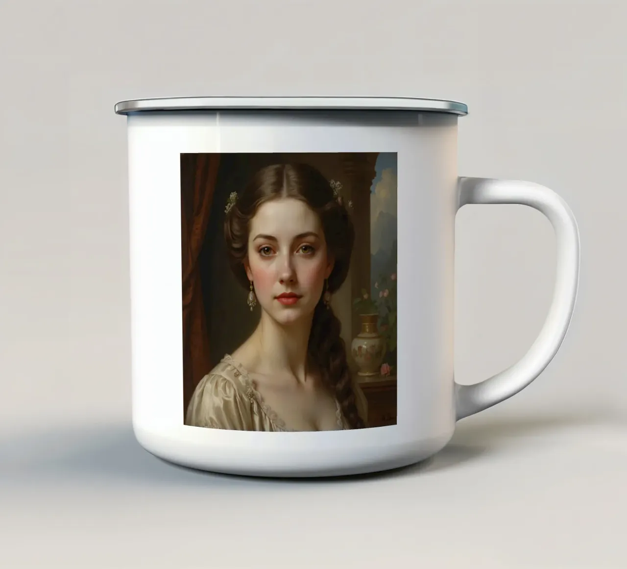 Elegante Frau mit langem geflochtenem Haar und zarten Ohrringen Emaille Tasse von DesignDoodle