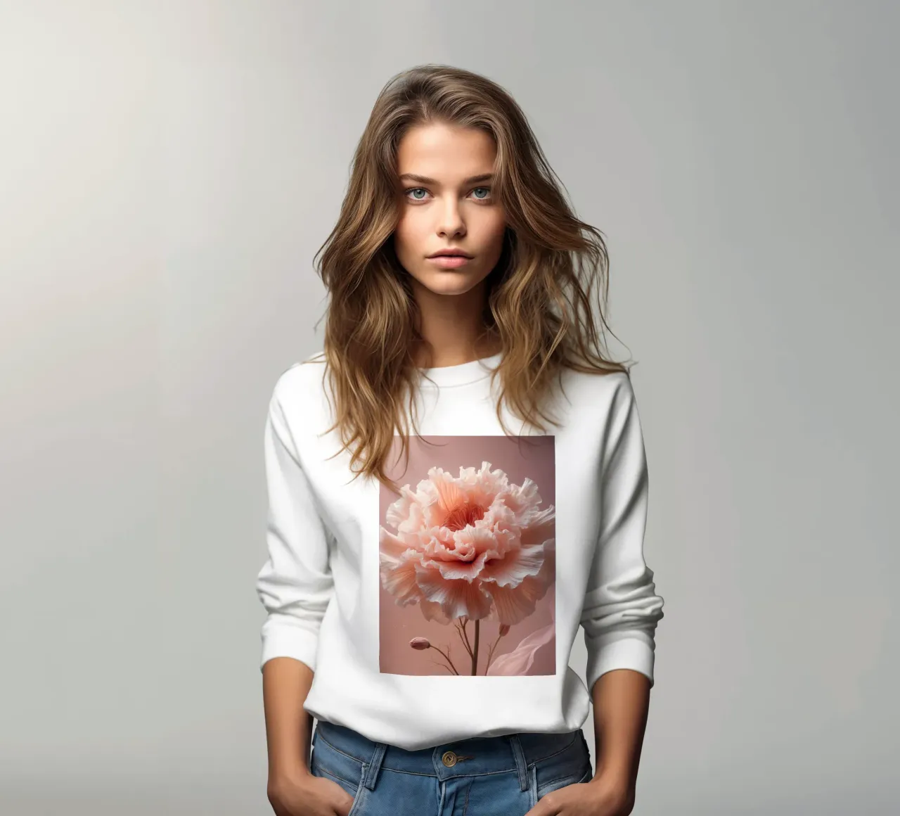 Delicate pink flower with ruffled petals illuminated by soft sweatshirt by DesignDoodle
