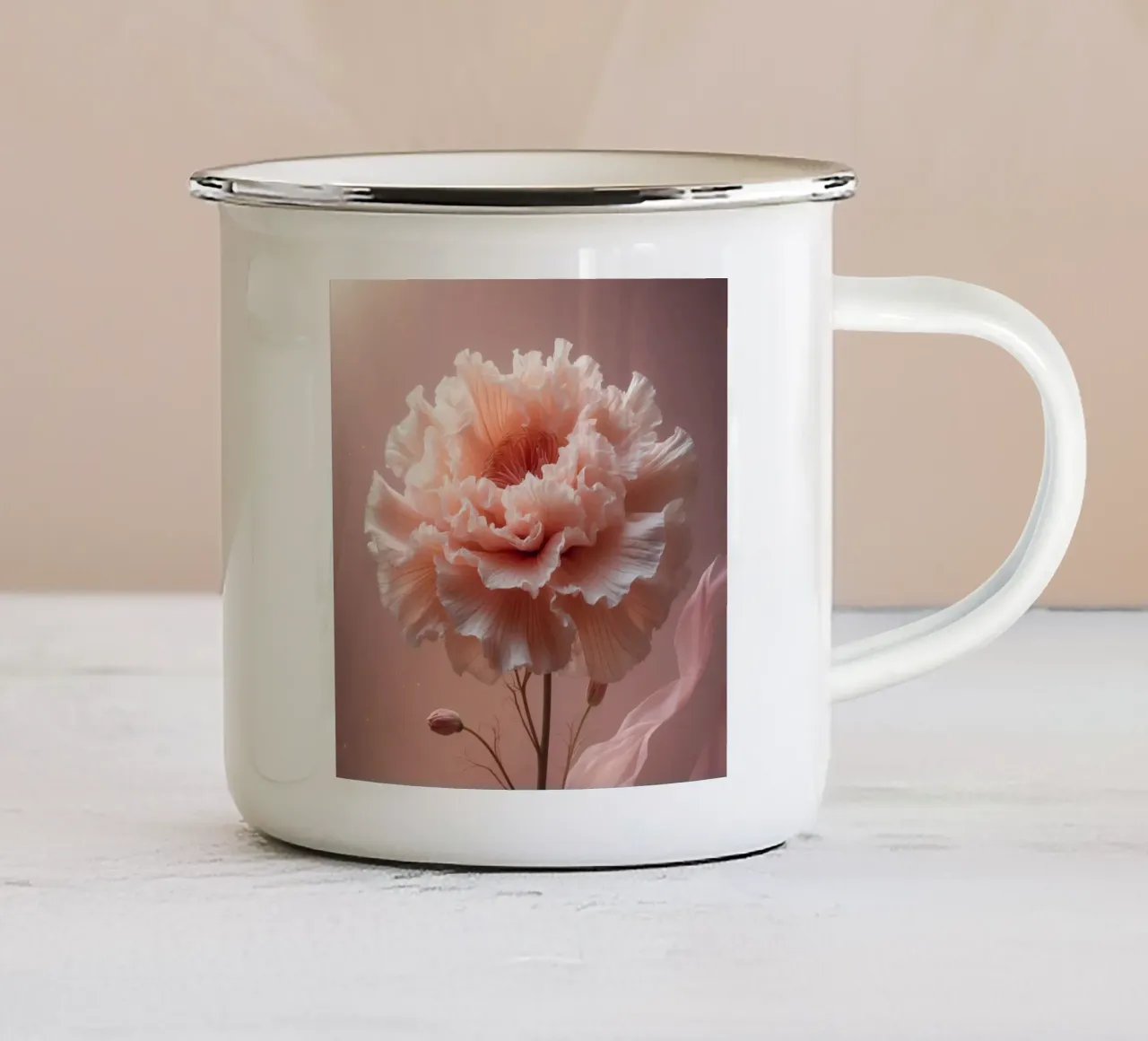 Delicate pink flower with ruffled petals illuminated by soft enamel mug by DesignDoodle