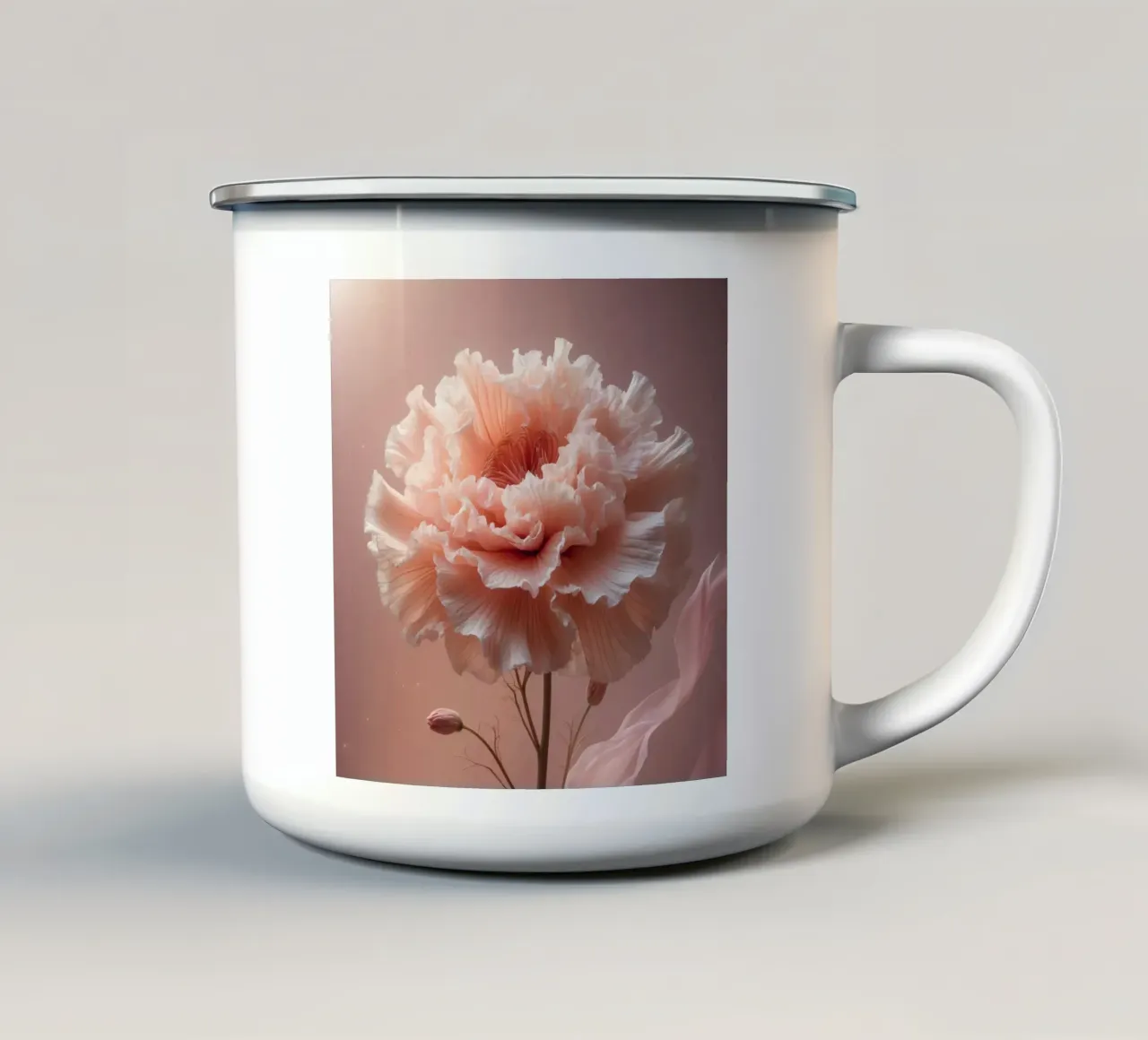 Delicate pink flower with ruffled petals illuminated by soft enamel mug by DesignDoodle