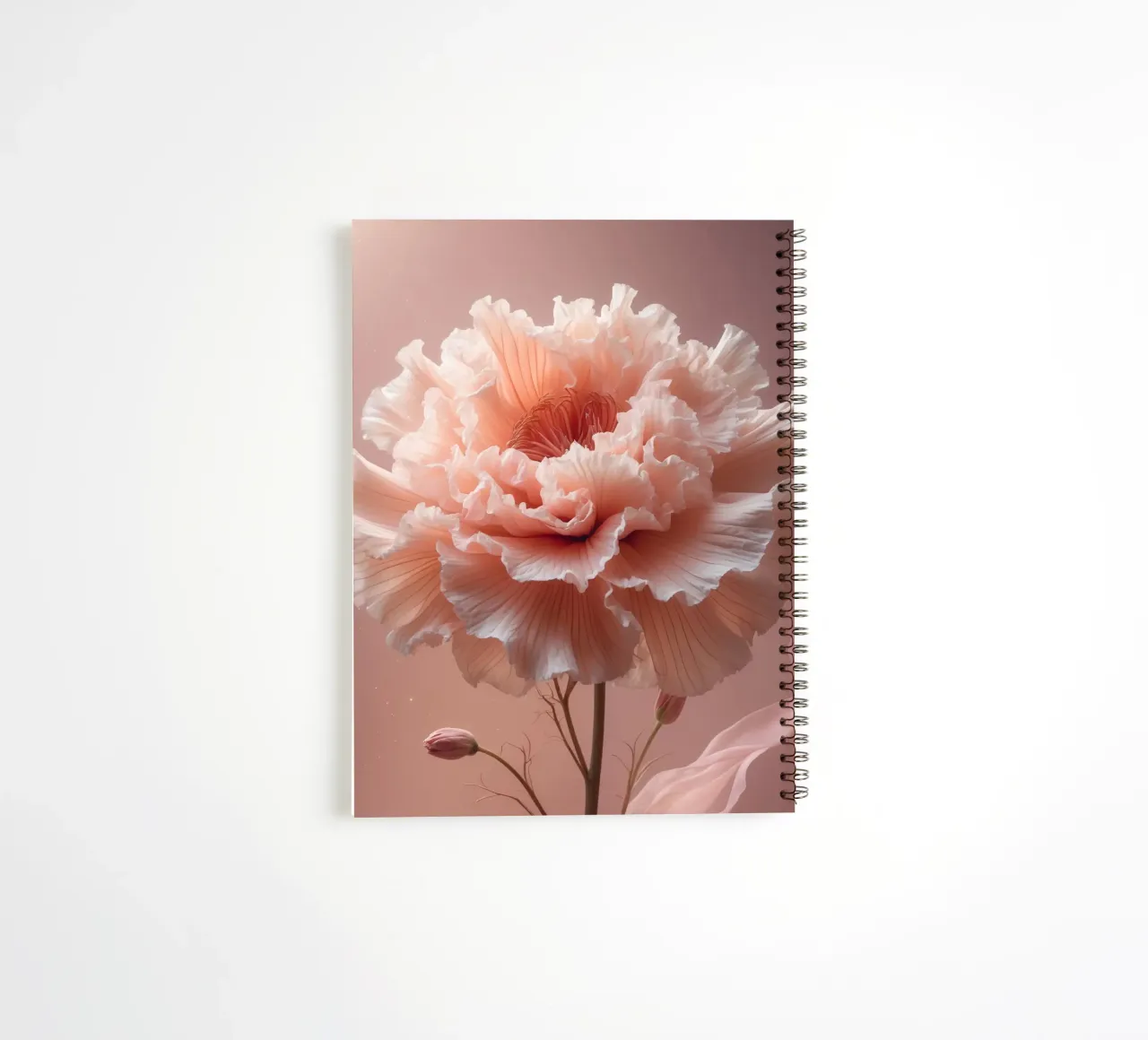 Delicate pink flower with ruffled petals illuminated by soft spiral notebook by DesignDoodle
