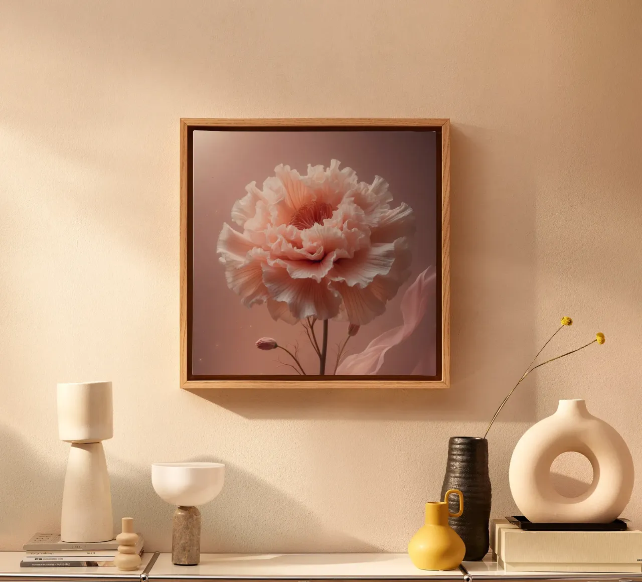 Delicate pink flower with ruffled petals illuminated by soft canvas by DesignDoodle