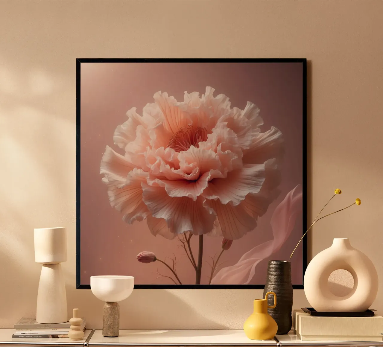 Delicate pink flower with ruffled petals illuminated by soft hahnemühle by DesignDoodle