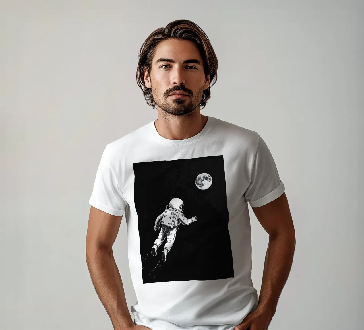 Astronaut floating towards the moon in a dark space t-shirt by DesignDoodle