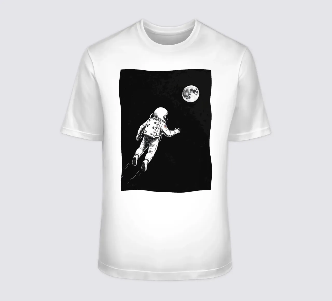 Astronaut floating towards the moon in a dark space t-shirt by DesignDoodle